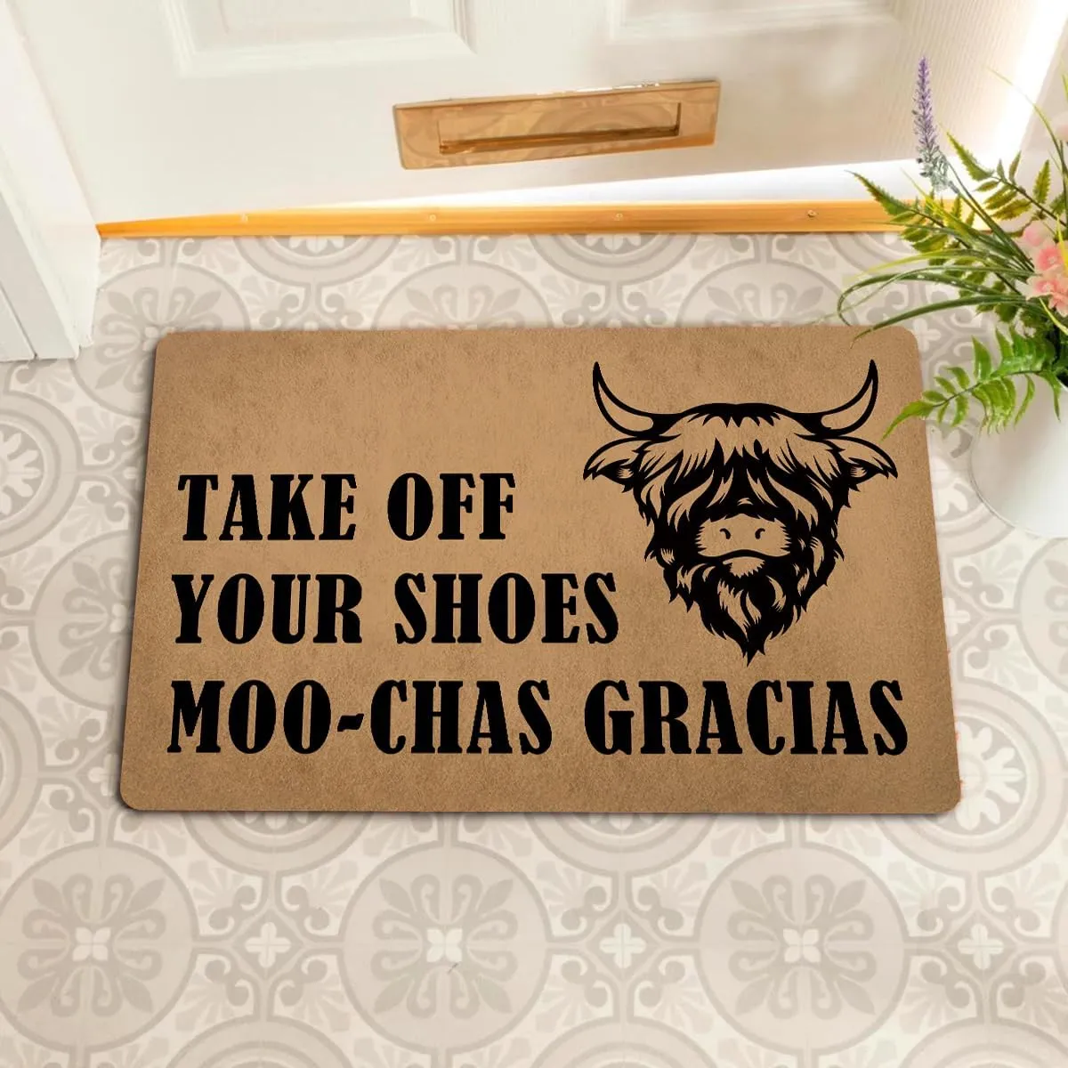 Funny Welcome Doormat for Front Door Indoor Decor Area Rug Take off Your Shoes Moo-Chas Gracias Personalized Monogram Kitchen Rugs and Mats With Anti-Slip Rubber Back Novelty Gift Mat(23.7 X 15.9 in)