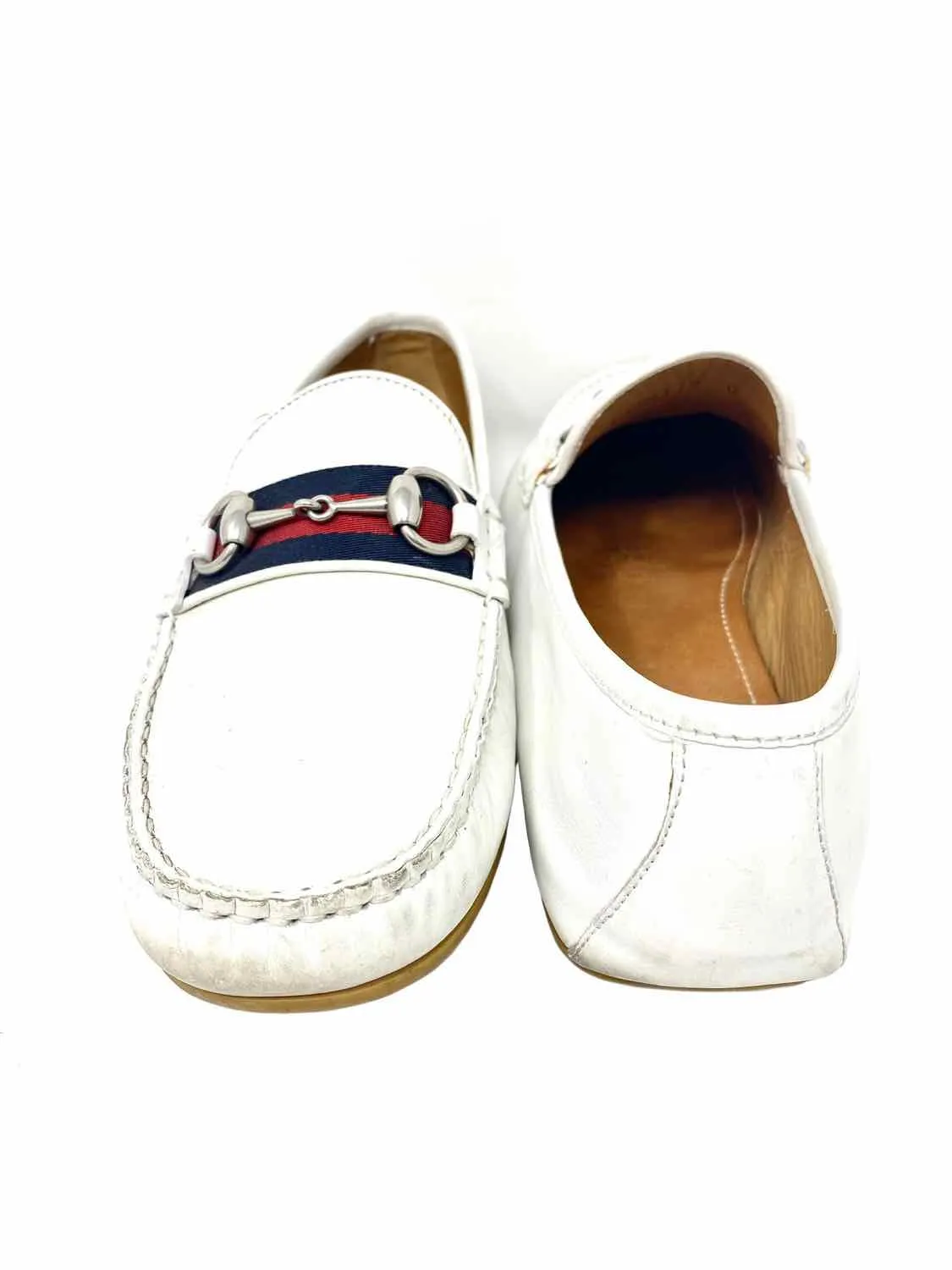 Gucci Men's White Navy Red Web Driving Horsebit Loafers