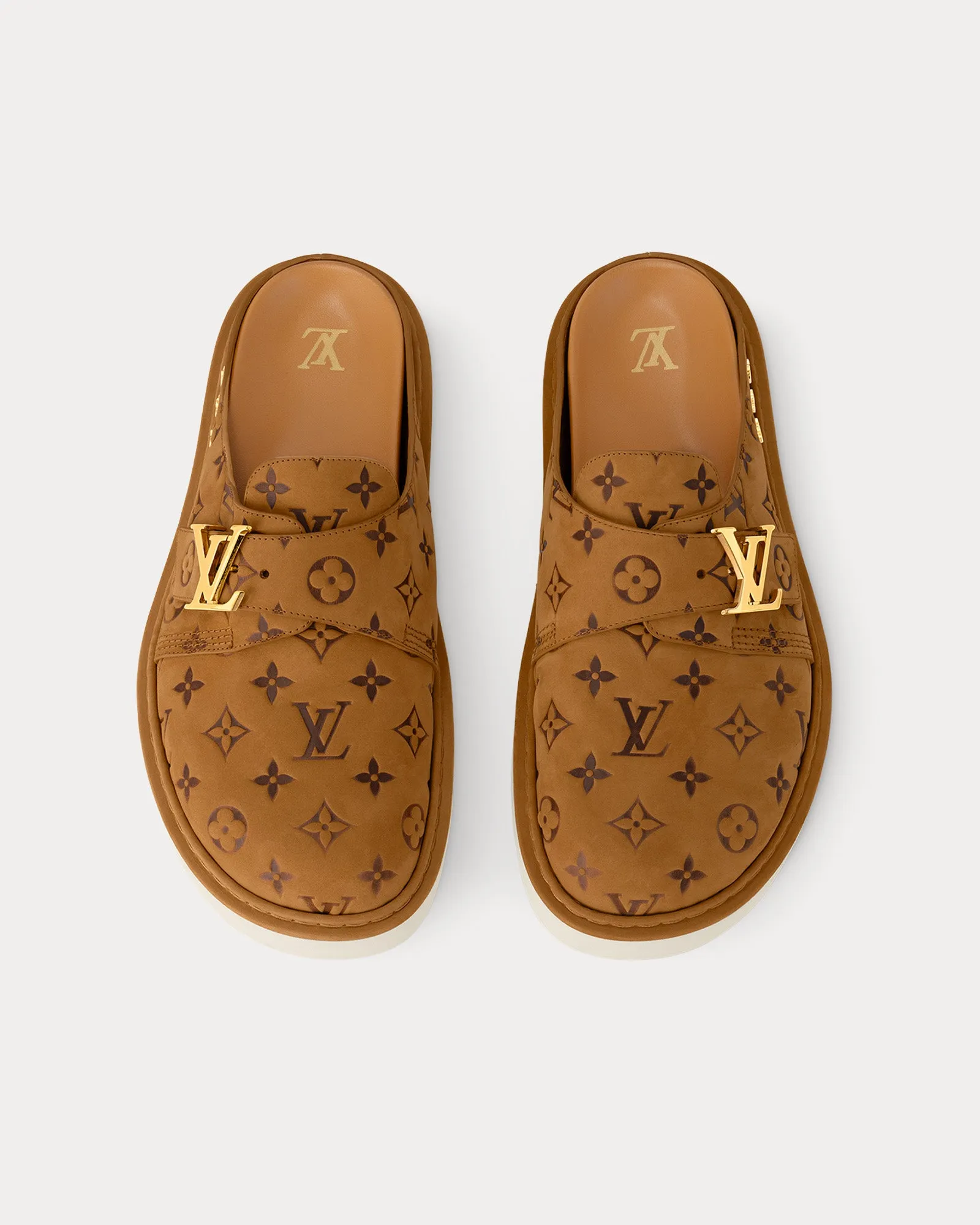 LV Easy Monogram-Embossed Leather Beige Mules