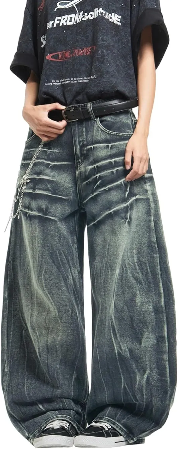 Mens Streetwear Hip Hop Baggy Jeans Wide Leg Skater Denim Pants Loose Long Trousers