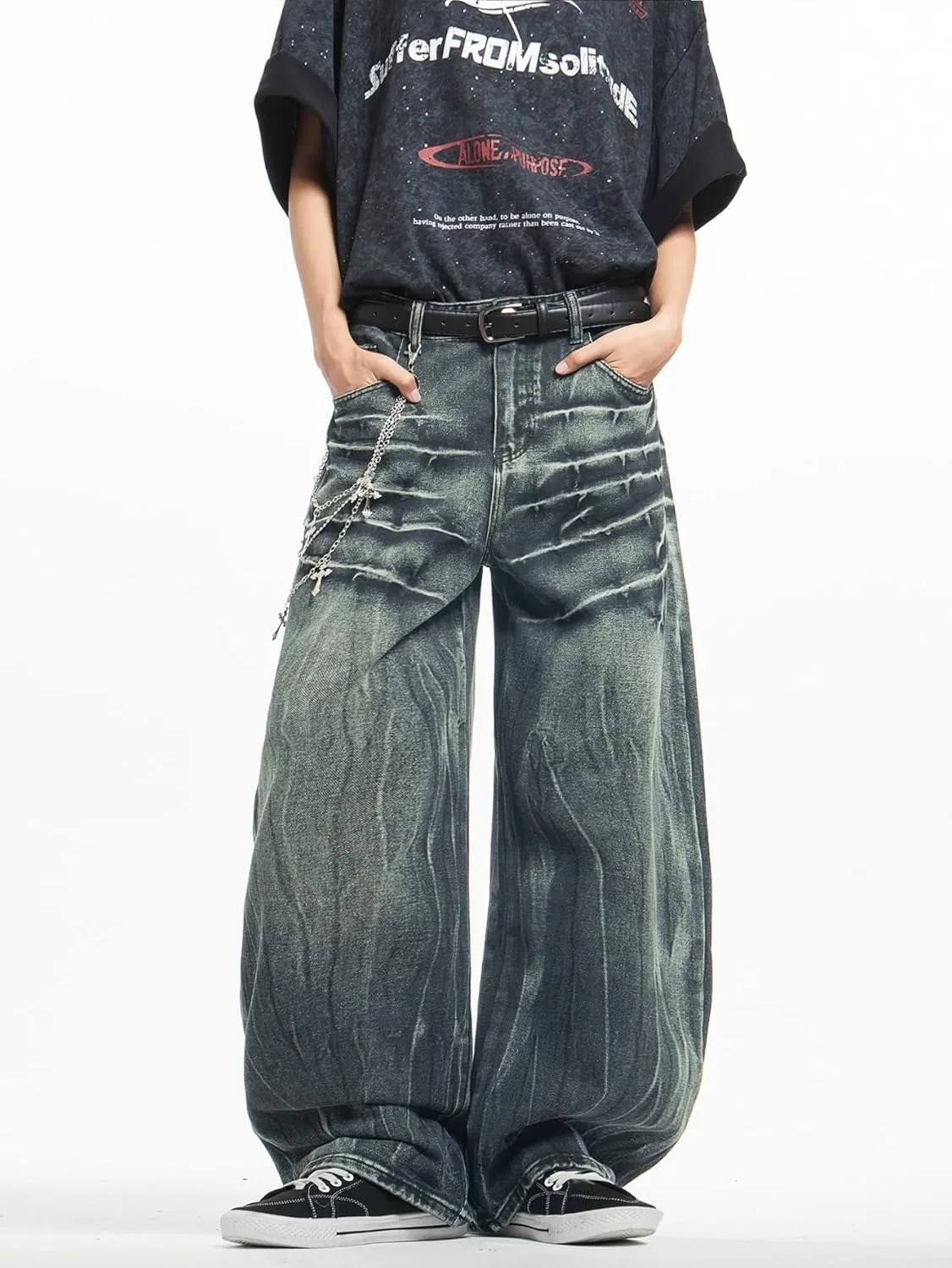 Mens Streetwear Hip Hop Baggy Jeans Wide Leg Skater Denim Pants Loose Long Trousers