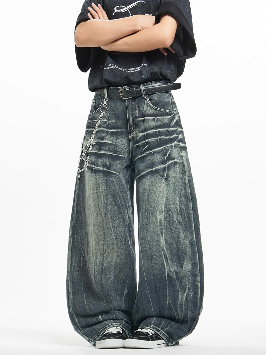 Mens Streetwear Hip Hop Baggy Jeans Wide Leg Skater Denim Pants Loose Long Trousers