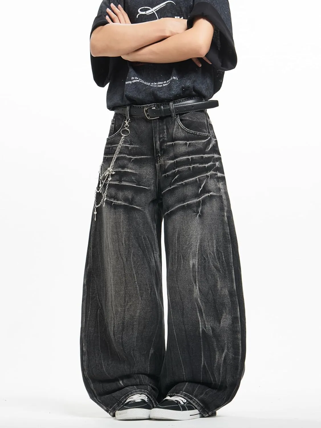 Mens Streetwear Hip Hop Baggy Jeans Wide Leg Skater Denim Pants Loose Long Trousers