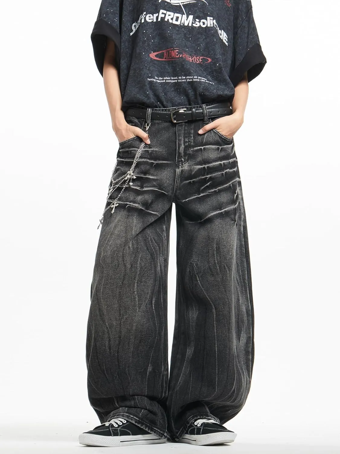 Mens Streetwear Hip Hop Baggy Jeans Wide Leg Skater Denim Pants Loose Long Trousers
