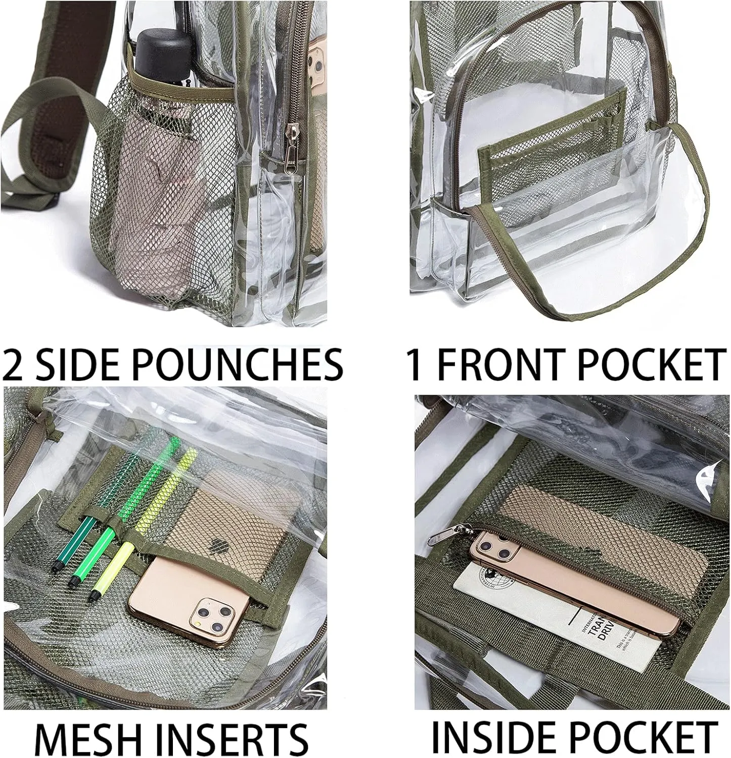 Vorspack Clear Backpack Heavy Duty PVC Transparent Backpack with Reinforced Strap for College Workplace - Green