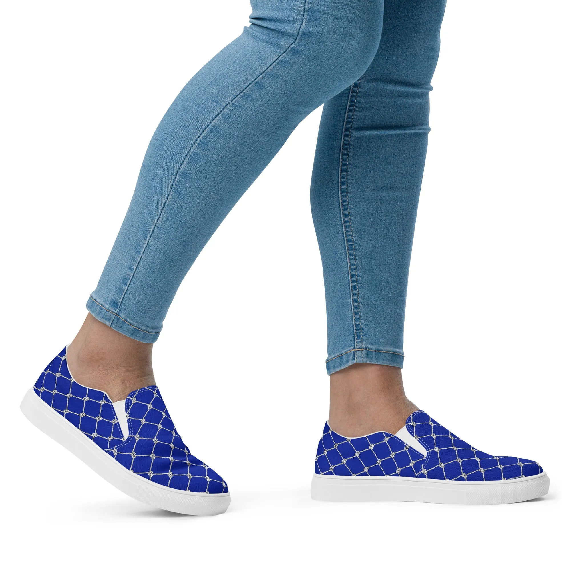 Women’s Blue slip-on canvas shoes with Nautical Rope design, Fish Net Sneakers
