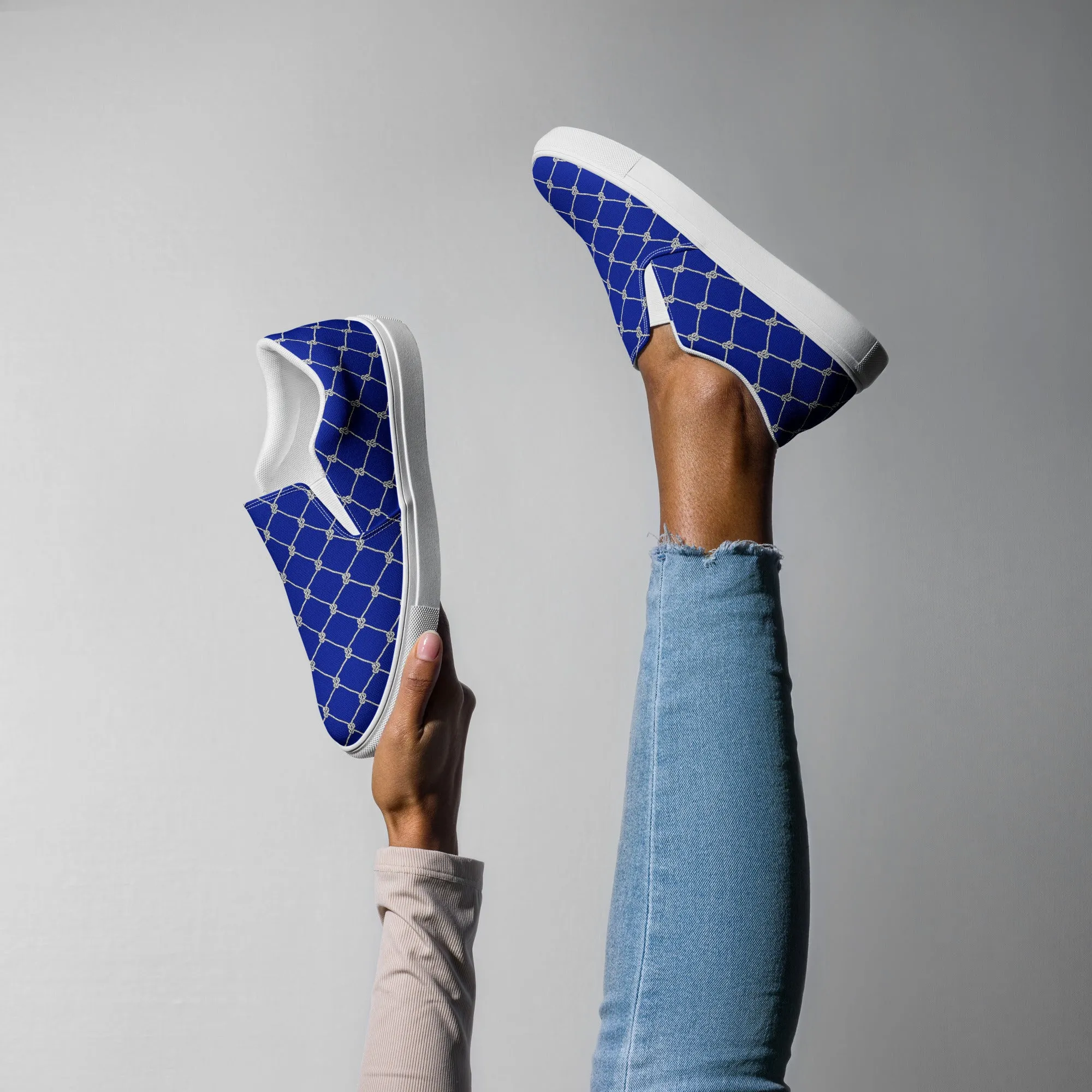 Women’s Blue slip-on canvas shoes with Nautical Rope design, Fish Net Sneakers