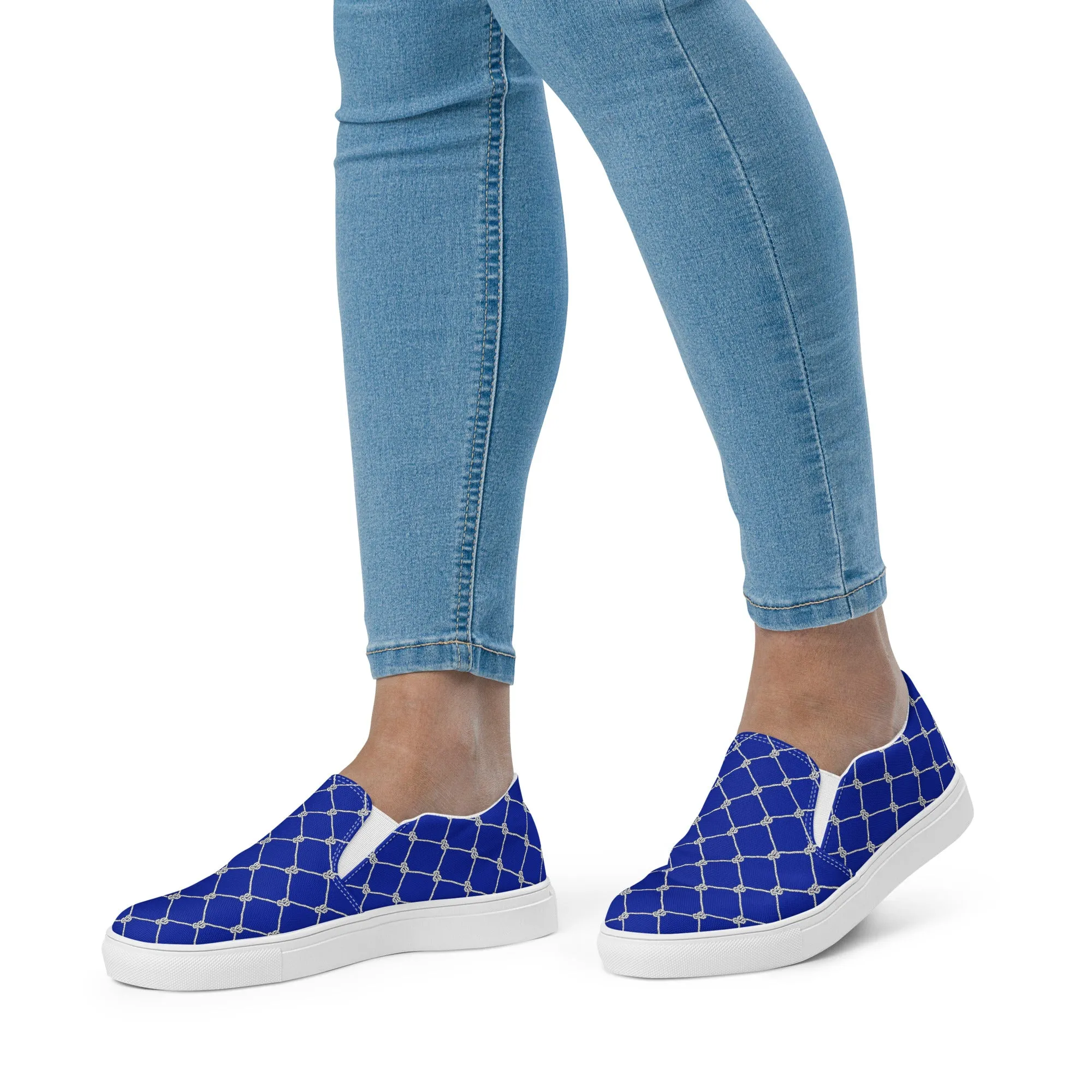 Women’s Blue slip-on canvas shoes with Nautical Rope design, Fish Net Sneakers