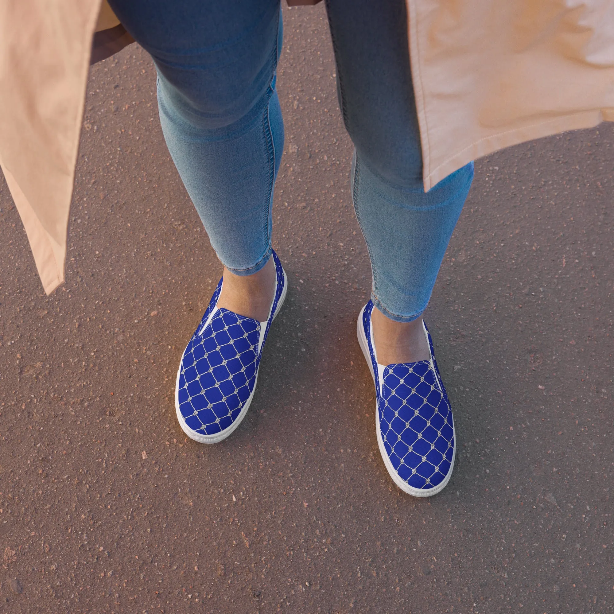Women’s Blue slip-on canvas shoes with Nautical Rope design, Fish Net Sneakers